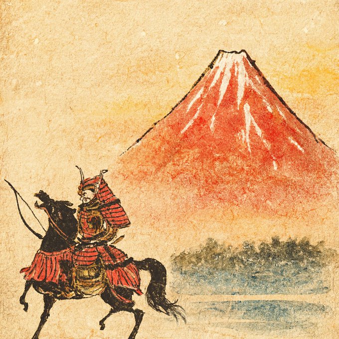 A traditional Japanese-style ink and watercolor painting of a samurai on horseback with a bow, set against a large red Mount Fuji.