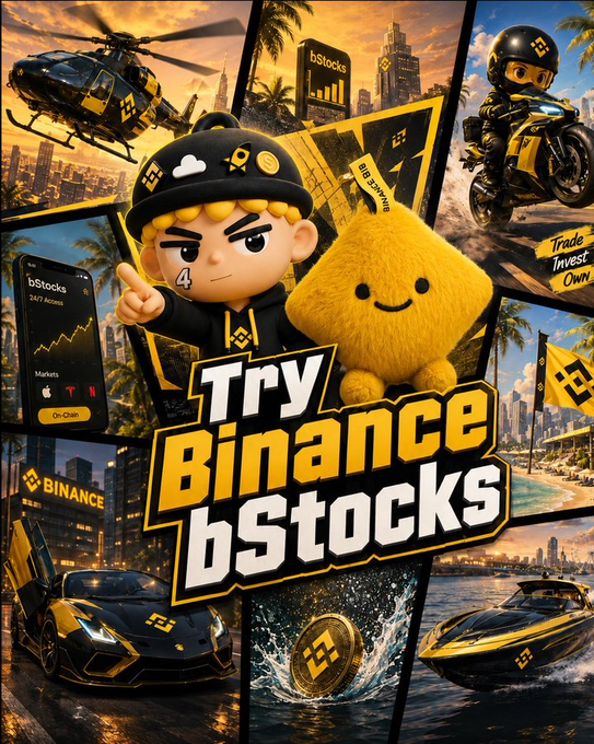 A promotional Binance graphic featuring a cartoon character alongside a yellow bStocks mascot, a helicopter, motorcycle, sports car, and yacht, with bold text reading "Try Binance bStocks" and "bStocks 24/7 Access," visually supporting the post's message about Binance breaking down the barrier between crypto and stock trading.
