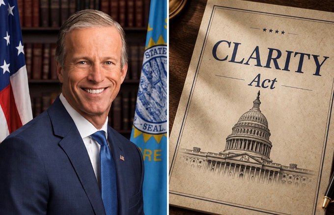Senator John Thune (R-SD) stands smiling in a navy suit beside a U.S. flag and Senate seal, next to an illustrated document titled "CLARITY Act" featuring the U.S. Capitol dome—visually supporting the announcement that the Senate will vote on the CLARITY Act before the August recess.