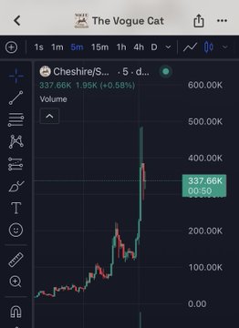 A trading chart from The Vogue Cat displays the ticker 'Cheshire/S...' with a recent price spike to 337.66K and a 5-minute time frame selected.