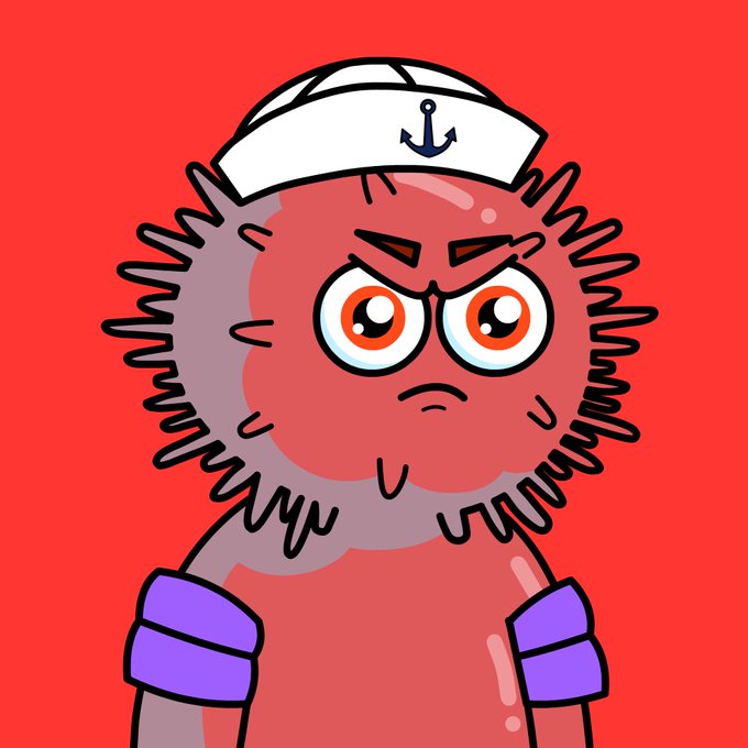 A cartoon illustration depicts an angry red puffy character wearing a white sailor hat with an anchor symbol and purple arm bands against a red background.