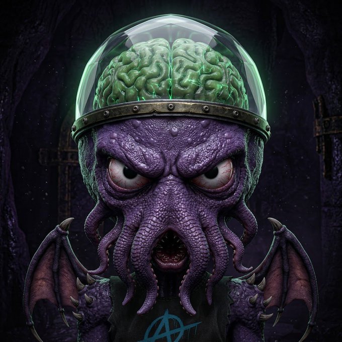 A purple octopus-like monster with bat wings, bulging eyes, and an exposed green brain in a glass dome on its head, wearing a shirt with an anarchy symbol.