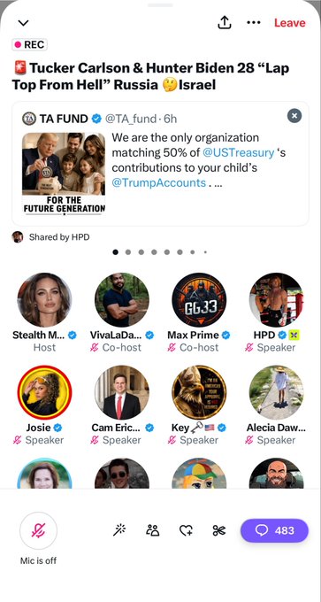 A mobile screenshot of a live Twitter Spaces recording titled "Tucker Carlson & Hunter Biden 28 'Lap Top From Hell' Russia Israel," featuring a shared TA Fund post promoting matching contributions to TrumpAccounts, with 483 listeners and hosts including Stealth M., VivaLaDa, Max Prime, and HPD. The image aligns with the caption by showing the promotional space being used to spread awareness about ta.fund and the TrumpAccounts initiative.