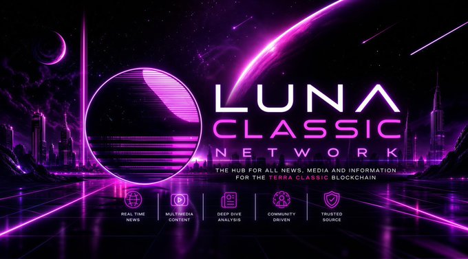 A futuristic purple-and-pink promotional banner for "LUNA CLASSIC NETWORK," billed as "THE HUB FOR ALL NEWS, MEDIA AND INFORMATION FOR THE TERRA CLASSIC BLOCKCHAIN," featuring icons for Real Time News, Multimedia Content, Deep Dive Analysis, Community Driven, and Trusted Source.