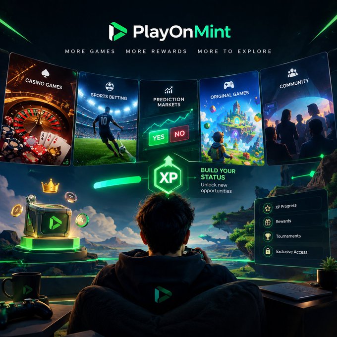 Promotional graphic for 'PlayOnMint' featuring categories like Casino Games, Sports Betting, Prediction Markets, Original Games, and Community, with an XP status system.