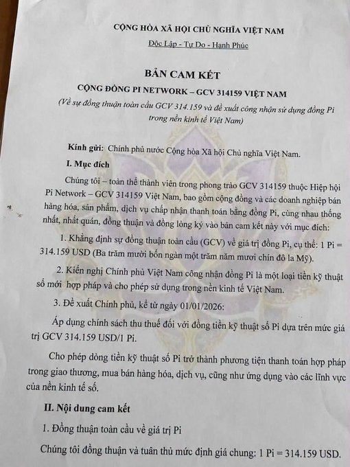 Vietnamese document titled 'BẢN CAM KẾT' (Commitment Letter) from the Pi Network - GCV 314159 Vietnam community, asserting 1 Pi = 314.159 USD.