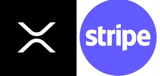 Side-by-side logos: the white XRP (Ripple) symbol on a black background on the left, and the purple 'stripe' logo on a white background on the right.
