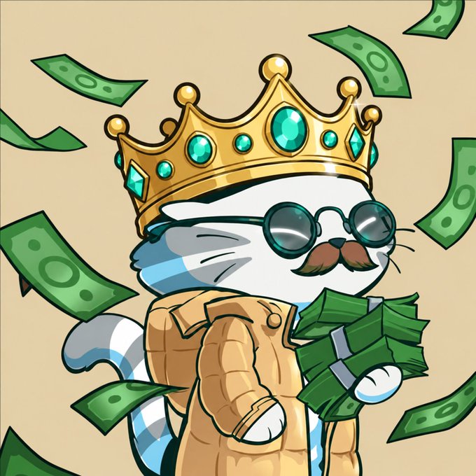 A cartoon illustration depicts a smug-looking white cat wearing a golden crown with green gems, round sunglasses, and a tan puffer jacket, holding stacks of cash as dollar bills fly around it.