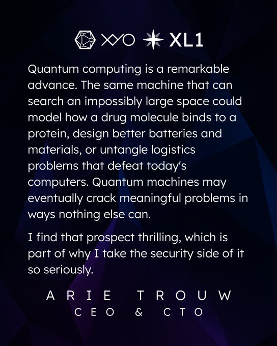 The image features a purple background with white text that reads "XYO is entering the Quantum Realm!". The text is written in a smaller font size than the rest of the image, making it stand out against the purple background. The main focus of the image is on the words "xo" and "ql1", which are likely to be related to the post about the xo.network/blog/the-xl1-q.