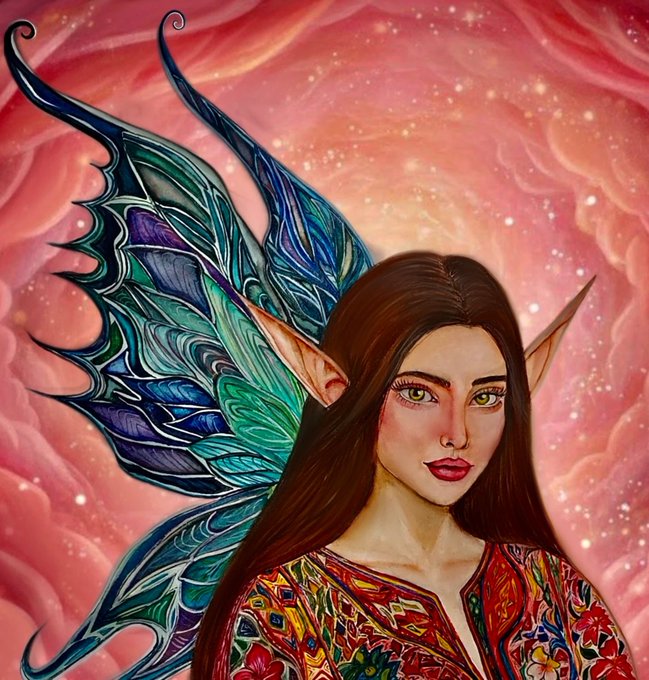 A fantasy illustration of an elf-like woman with long brown hair, pointed ears, golden eyes, ornate blue and green butterfly wings, and an intricately patterned red garment, set against a dreamy pink, starry background.