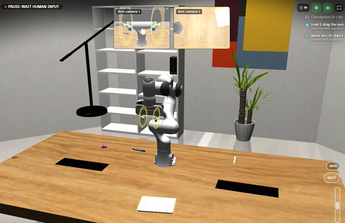 The image shows a robotics simulation interface featuring a robotic arm on a wooden table alongside a potted plant, shelving, and a lamp, with arm camera views and Vietnamese text reading "PAUSE: WAIT HUMAN INPUT" in the upper left. It illustrates the kind of complex robotics task being referenced in the post about Axis Robotics airdrop opportunities, where challenging tasks are promoted as offering greater rewards for participants.