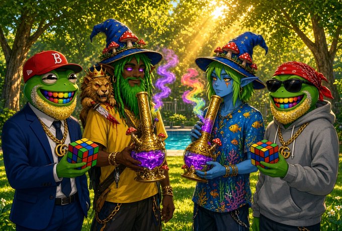 AI-generated illustration of green Pepe-style characters and a wizard with glowing bongs, rubik's cubes, and gold chains at an outdoor pool party.