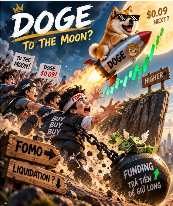 An anime-style meme illustration titled 'DOGE TO THE MOON?' showing a Shiba Inu wearing sunglasses riding a rocket, while a person in a 'BUY BUY BUY' shirt runs toward a cliff edge marked 'LIQUIDATION' with 'FOMO' and 'FUNDING' signs visible.