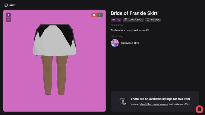 A digital item listing for 'Bride of Frankie Skirt' showing a white and black skirt with brown legs on a pink background, classified as Mythic, Lower Body, Female, from the Halloween 2019 collection.
