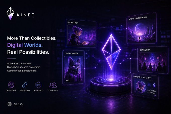 An AINFT promotional graphic with the tagline 'More Than Collectibles. Digital Worlds. Real Possibilities.', highlighting AI Creation, Digital Assets, Community, Story & Experience, and Ownership & Identity around a glowing purple Ethereum-style diamond logo.