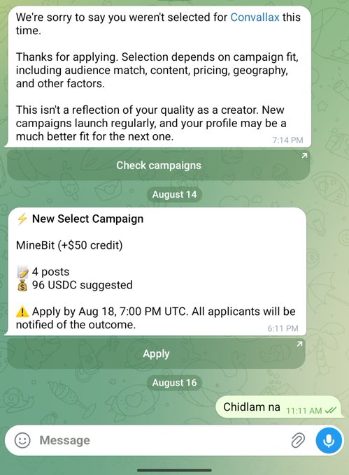 A Telegram chat screenshot shows a rejection from "Convallax" campaign alongside a new "Select Campaign" for "MineBit" offering "+$50 credit," 4 posts, and 96 USDC suggested, with an application deadline of Aug 18 7:00 PM UTC. The post expresses frustration about repeatedly being passed over for similar campaigns despite their attractive payouts.