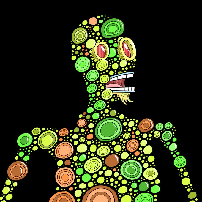 A stylized digital illustration of a creature or figure composed entirely of green, yellow, and orange circles of varying sizes against a black background, featuring prominent red and yellow eyes and an open mouth.