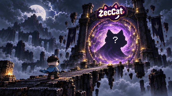 A small cat-headed character stands before a glowing purple portal marked with a question mark, beneath the "ZecCat" logo and a full moon over floating castle ruins, evoking the mysterious reveal promised in the mint announcement. The scene captures the anticipation of discovering what cat-themed NFT awaits behind the portal.