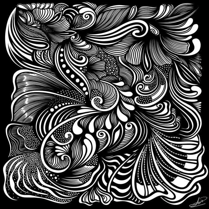 The image features a black and white illustration of a flower with intricate designs, including swirls and lines that create an abstract pattern. The artwork appears to be hand-drawn or created using a stylized technique, giving it a unique and artistic appearance. The image is accompanied by text in the bottom right corner, which reads "GM Fam! Happy #TezosTuesday Let' s make this day great again! Only one edition awaits to be collected until then."
