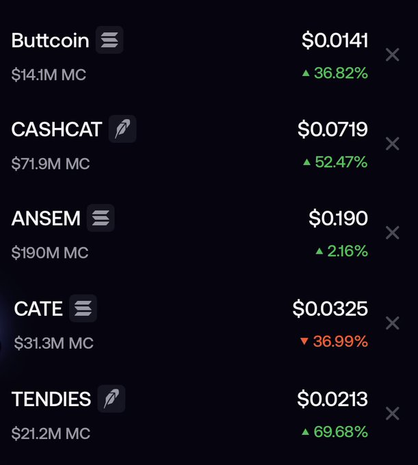 A cryptocurrency tracking screen displaying meme coins including Buttcoin ($0.0141, +36.82%), CASHCAT ($0.0719, +52.47%), ANSEM ($0.190, +2.16%), CATE ($0.0325, -36.99%), and TENDIES ($0.0213, +69.68%) with their respective market caps.