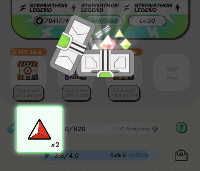 A screenshot from a mobile game called "STEPNATHON LEGEND" showing a player at level 30, opening loot boxes that require GST currency, with a special 3D white and green box actively opening.