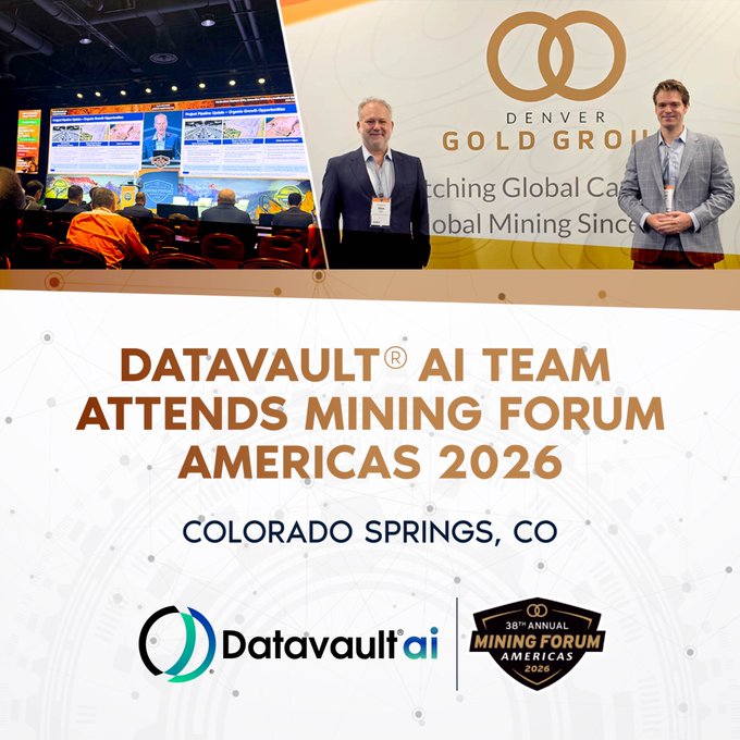 Promotional graphic announcing that the Datavault AI team attends Mining Forum Americas 2026 in Colorado Springs, CO, featuring the Denver Gold Group logo and event branding.