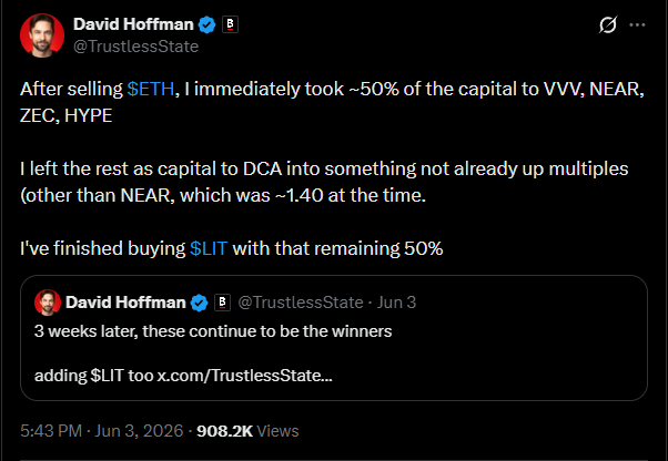 The image features a Twitter screen with various text elements, including a headline that reads "Adam sold all the ETH he'd held for 9 years and bought VV, NEAR, ZEC, HYPE, and LIT." This could be related to a discussion on cryptocurrency trading or an analysis of market trends. The post also mentions "ZEC got nuked 43% in 24 hours. Why not BTC?". Another Twitter user's tweet shows interest in Adam's success with selling his ETH. In addition, the text reads "Left the rest as capital to DCA into something that already up...(other than NEAR, which was $1,000). I've finished buying SLLT with that remaining capital." The post mentions the price of XOM and ZEC within the discussion about trading strategies for Ethereum.