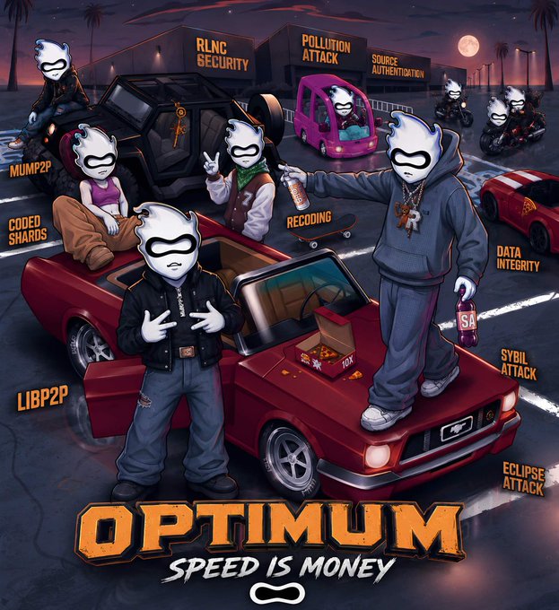An illustrated poster titled "OPTIMUM SPEED IS MONEY" features cartoon figures with flame-like heads around a red convertible, labeled with terms like "Sybil Attack," "RLNC Security," and "Pollution Attack."