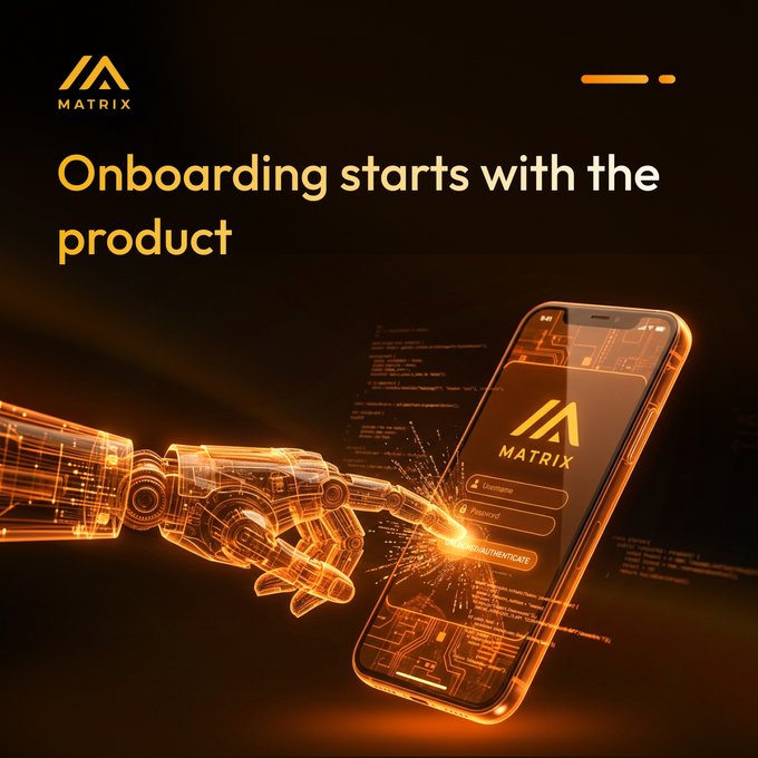 A stylized orange robotic hand taps a smartphone displaying the Matrix logo and login fields (Username, Password, Authenticate), with code streams floating around the screen. The bold heading reads "Onboarding starts with the product," reinforcing the message that Matrix enables users to dive directly into the app without needing a separate gas token for setup.