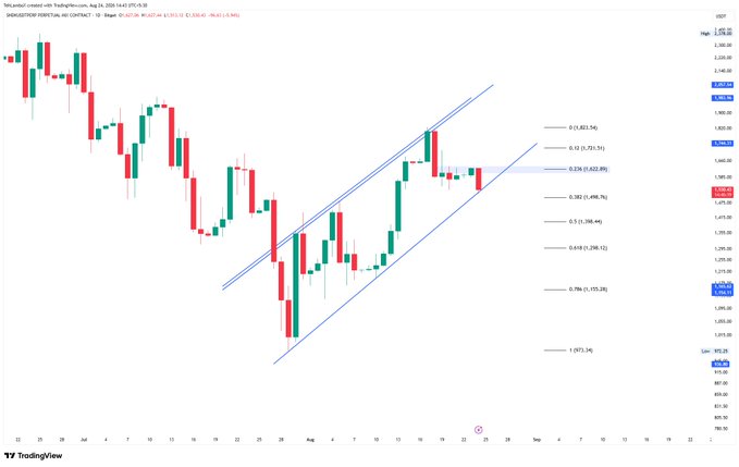 A TradingView candlestick chart for XAU/USD (Gold) showing a downward price trend that has reversed into an upward channel, with several Fibonacci retracement levels marked (0.236 to 0.764).