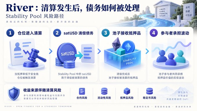 Infographic titled 'River: 清算发生后，债务如何被处理' (Stability Pool 风险路径) explaining a 4-step debt liquidation process including satUSD clearing and Stability Pool collateral absorption.