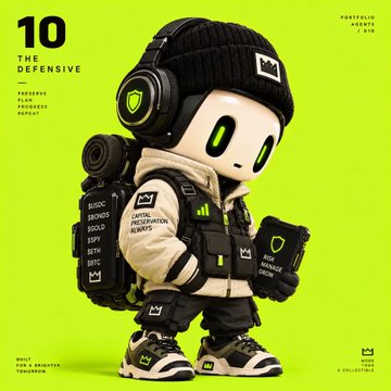 A stylized robot character with glowing green eyes is dressed in tactical gear, including a beanie, headset, and vest, labeled '10 THE DEFENSIVE' on a bright green background.