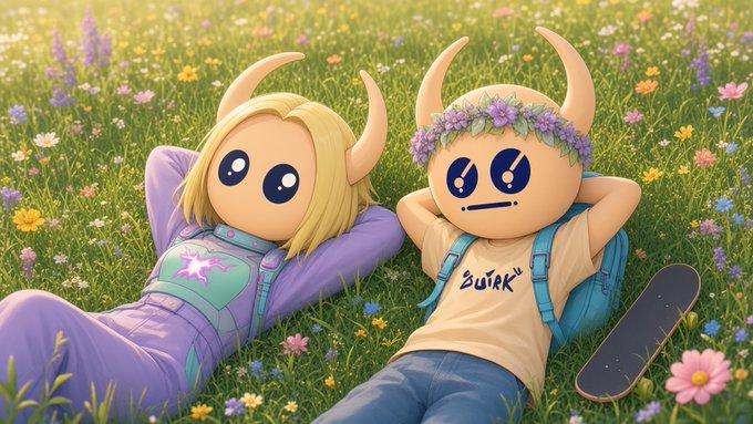 Two cartoon characters with horn-like head shapes lie in a meadow of flowers; one has blonde hair and purple overalls, while the other wears a flower crown and holds a skateboard.