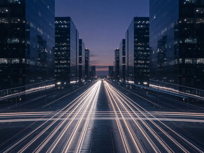 Symmetrical nighttime cityscape featuring tall buildings on both sides of a wide road with long-exposure light trails from traffic converging toward the horizon under a twilight sky.