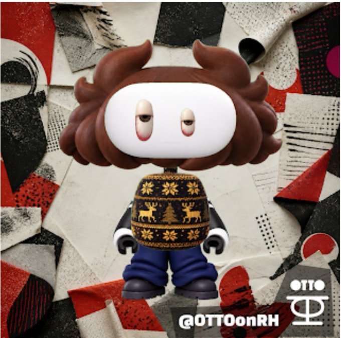 A stylized 3D art toy character with large brown hair and a white face wearing a festive sweater with reindeer and snowflake patterns, displayed against a collage background with the text '@OTTOonRH'.