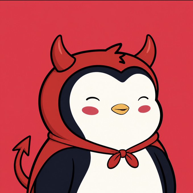 A cute cartoon penguin wearing a red devil costume with horns and a pointed tail smiles against a red background, fittingly paired with the caption "i heard NFTs are back too" as a playful nod to devilish hype and questionable trends returning.