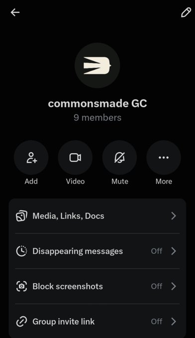 A Signal group chat interface for 'commonsmade GC' showing 9 members, with the Swift Swiftie-style logo and menu options including Add, Video, Mute, More, Media/Links/Docs, Disappearing messages, Block screenshots, and Group invite link.
