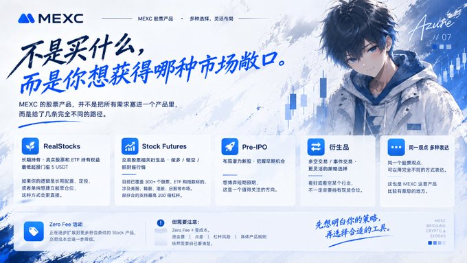 A promotional banner for MEXC stock products featuring an anime character with snowy mountains in the background, highlighting options like RealStocks, Stock Futures, Pre-IPO, and derivatives.