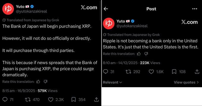Two translated X posts from @yutokanzakireal claim the Bank of Japan will begin secretly purchasing XRP through third parties to avoid a dramatic price surge, with the September 16 post (579K views, 2.3K likes) asserting "if news spreads that the Bank of Japan is purchasing XRP, the price could surge dramatically"—sentiments echoed in the accompanying post's excitement about impending wealth from XRP.