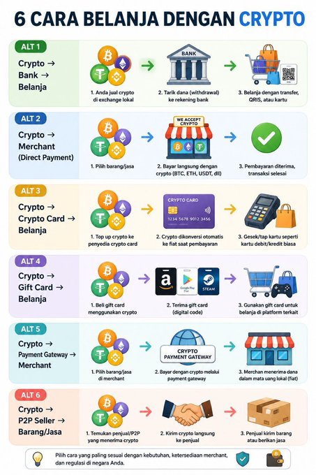 The infographic titled "6 CARA BELANJA DENGAN CRYPTO" (6 Ways to Shop with Crypto) outlines six spending methods using cryptocurrencies like Bitcoin (BTC), Ethereum (ETH), Tether (USDT), and Binance Coin (BNB), illustrated with icons of exchanges, banks, merchants, crypto cards, gift cards (Amazon, Google Play, Steam), payment gateways, and P2P transactions. It visually expands on the post's list by adding crypto-to-P2P-seller-barang/jasa as the sixth option, reinforcing the message that crypto serves practical spending purposes beyond trading.
