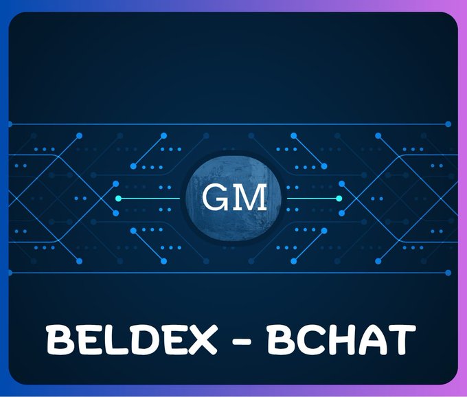 A digital graphic featuring "GM" at the center within a blue circuit-patterned banner, with "BELDEX - BCHAT" displayed below, promoting Beldex's BChat decentralized messaging app. The design visually reinforces the post's message about secure, private communication with no personal data required.