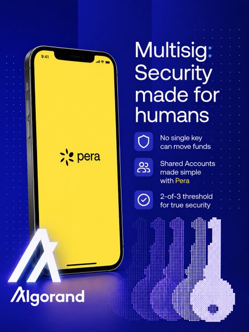 The Pera wallet app, built on Algorand, offers multisig security with a "2-of-3 threshold" and ensures no single key can move funds, addressing the vulnerability of single points of failure. This image visually represents enhanced security through distributed keys and human-friendly design, contrasting with the idea of a single compromised key leading to total loss.
