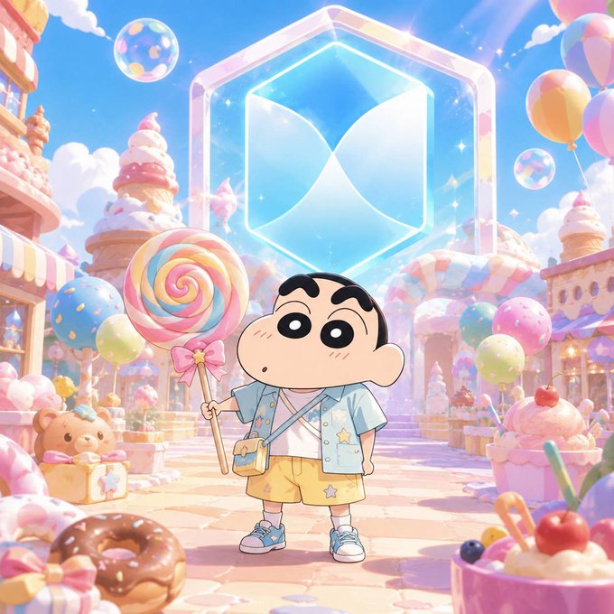 An illustration of the Crayon Shin-chan character stands in a colorful candy-themed fantasy world holding a giant swirled lollipop, with a glowing geometric cryptocurrency logo floating in the background.