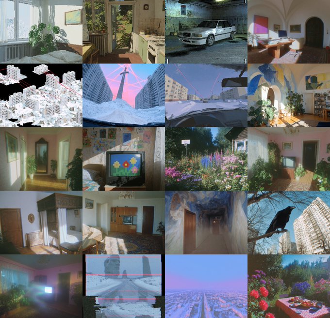 A collage of various AI-generated or stylized images depicting diverse scenes including interior rooms, a white car, snowy cityscapes, gardens, a raven on a branch, and colorful bedrooms.