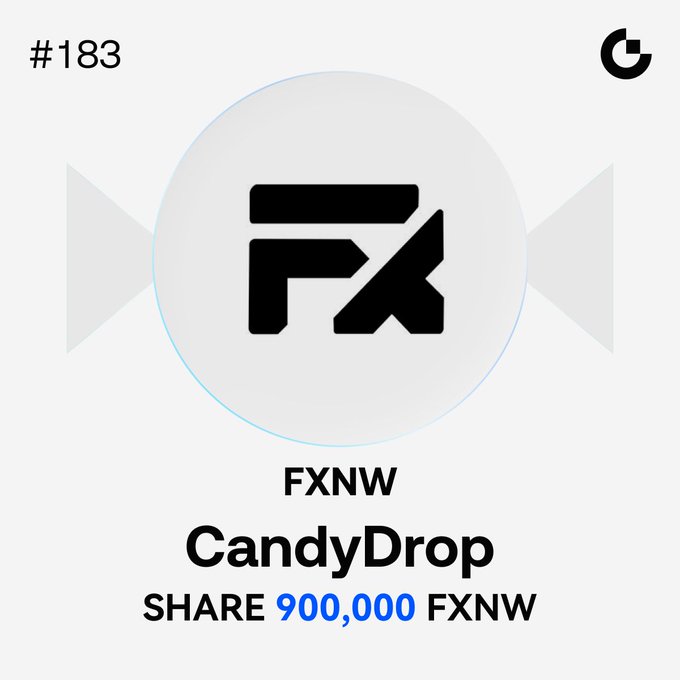 A promotional graphic for FastXNetwork (FXNW) CandyDrop event #183, displaying the FXNW logo and announcing a 900,000 FXNW token giveaway for participants who complete trading and referral tasks.