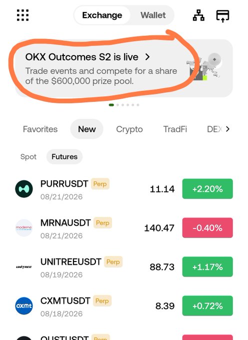 A screenshot of a crypto trading app showing a banner for 'OKX Outcomes S2 is live' with a $600,000 prize pool, alongside various futures listings like PURRUSDTPERP and MRNAUSDTPERP.