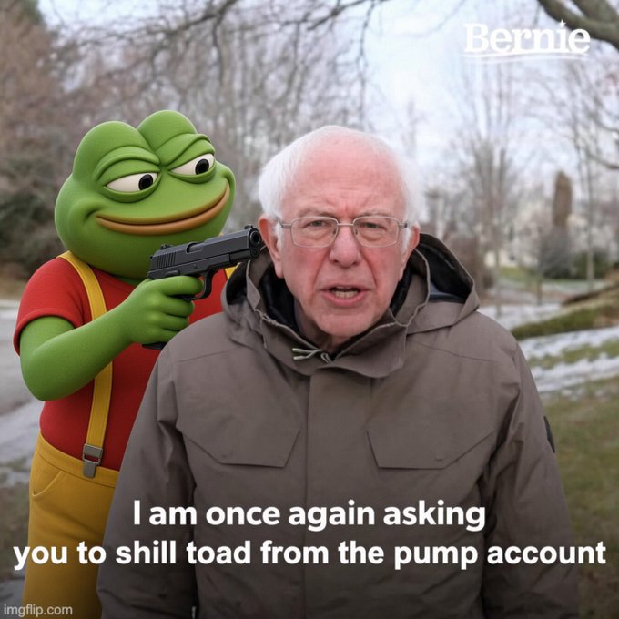 A photoshopped image shows a Pepe the Frog character holding a gun to Bernie Sanders' head alongside the phrase "I am once again asking you to shill toad from the pump account," referencing the $TOAD meme coin's launch and connecting the meme to the Solana ecosystem promotion in the post.