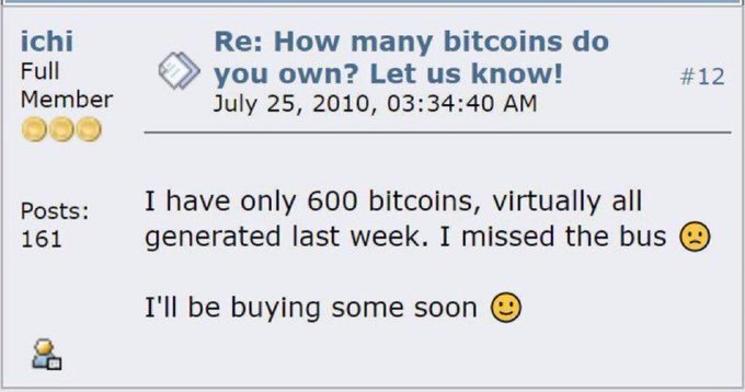 A forum post screenshot by user 'ichi' dated July 25, 2010, responding to 'How many bitcoins do you own?' with 'I have only 600 bitcoins, virtually all generated last week. I missed the bus' followed by 'I'll be buying some soon.'