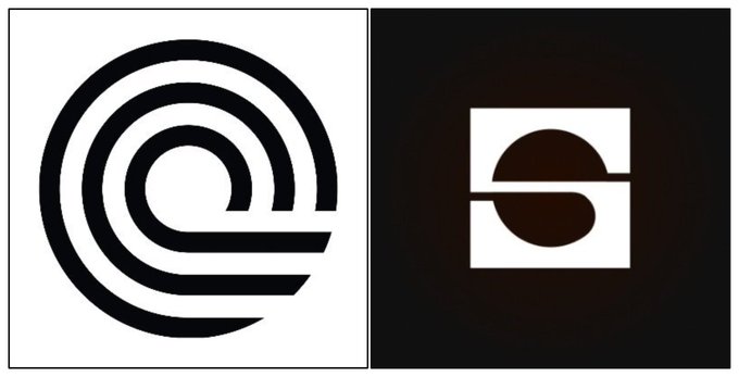 Two black and white logos displayed side by side - a circular maze-like spiral design on the left and a stylized 'e' letter logo on the right.