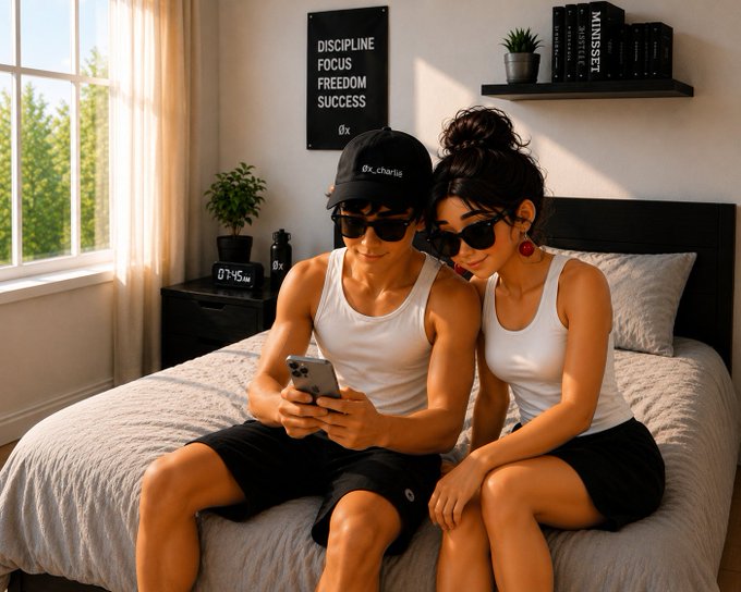 A couple in white tank tops, black shorts, caps, and sunglasses sit on a bed in a bedroom looking at a smartphone, with a poster reading "DISCIPLINE FOCUS FREEDOM SUCCESS" on the wall behind them.